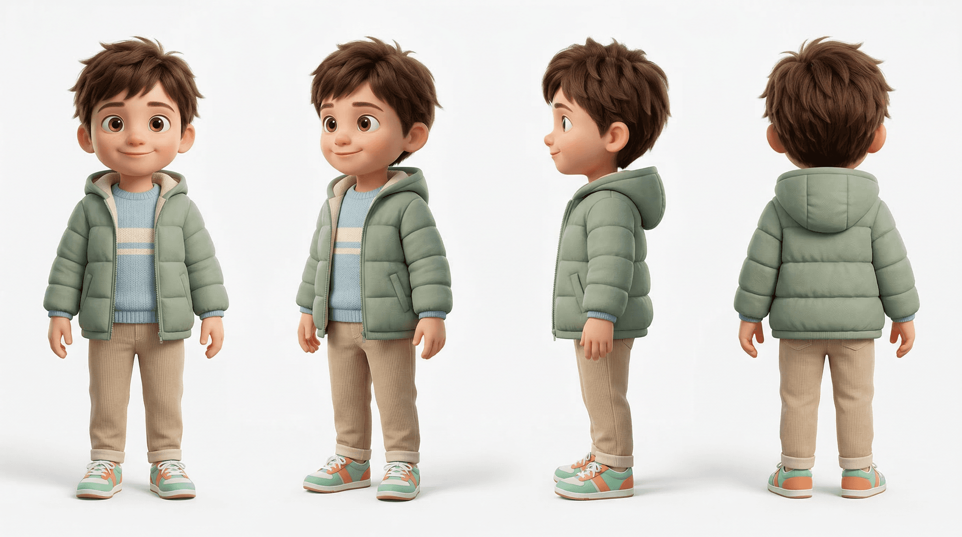 Friendly Cartoon Kid – 3D Character Reference (4 Views)